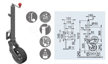 Stützrad 500kg vollautomatisch, verlängert, mit Bock, Stahlfelge Rad 230x80